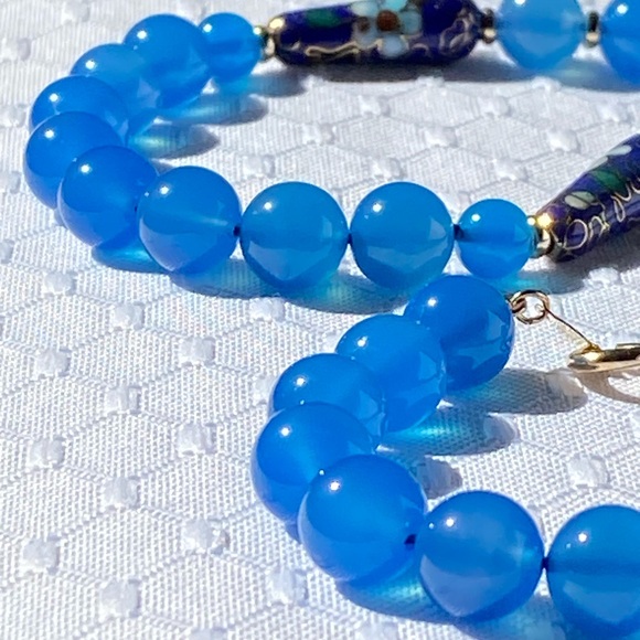 14k Gold Blue Cloisonné & Jadeite Jade Bead Necklace 24" - Picture 14 of 15